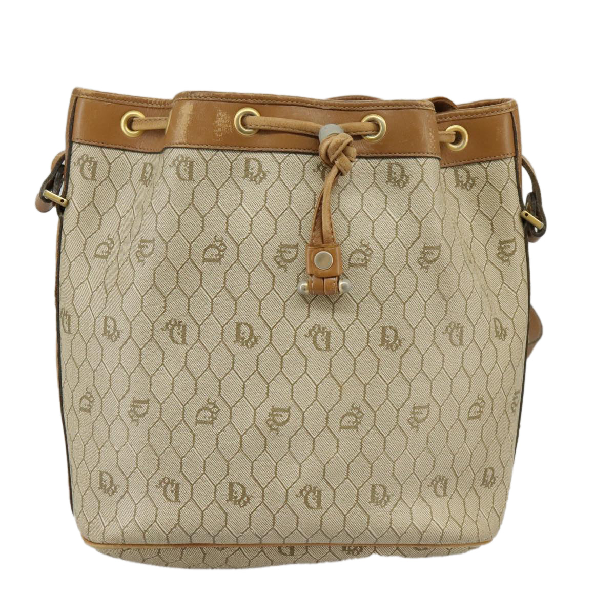 Christian Dior Honeycomb Canvas Shoulder Bag PVC Leather Beige Gold Auth ti2353