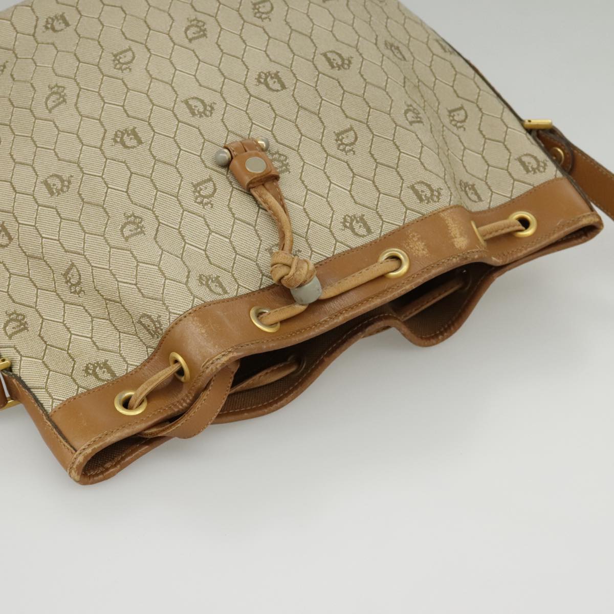 Christian Dior Honeycomb Canvas Shoulder Bag PVC Leather Beige Gold Auth ti2353