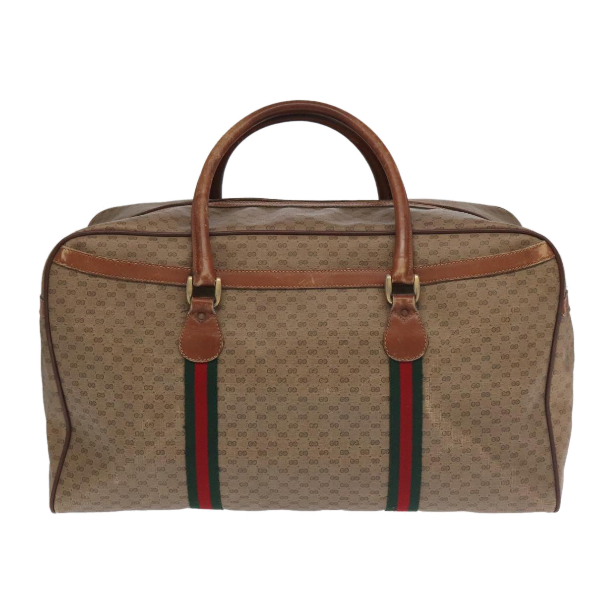 GUCCI Micro GG Canvas Web Sherry Line Boston Bag PVC Beige Gold Auth ti2383