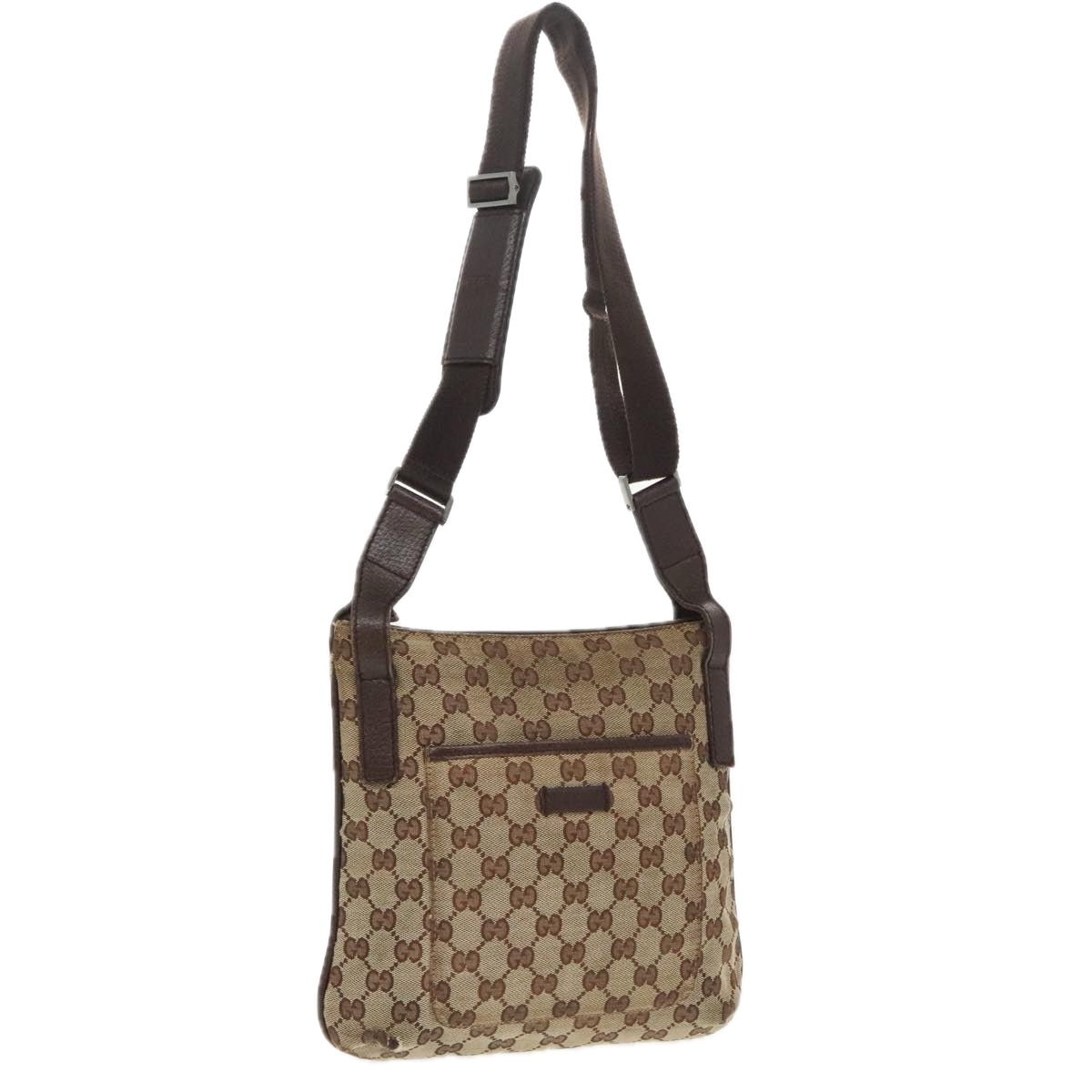 GUCCI GG Canvas Shoulder Bag Beige Dark Brown Silver 122793 Auth ti2385