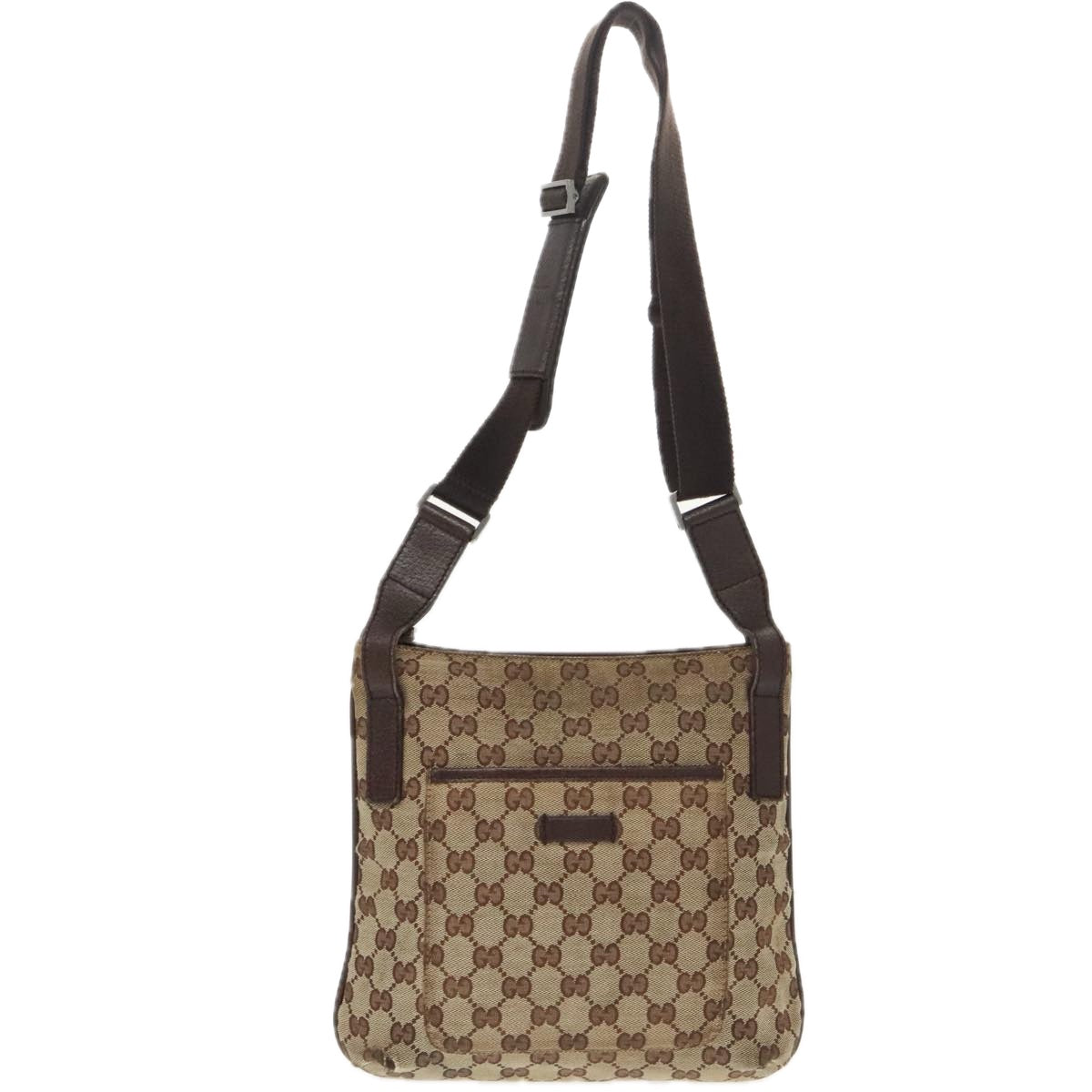 GUCCI GG Canvas Shoulder Bag Beige Dark Brown Silver 122793 Auth ti2385