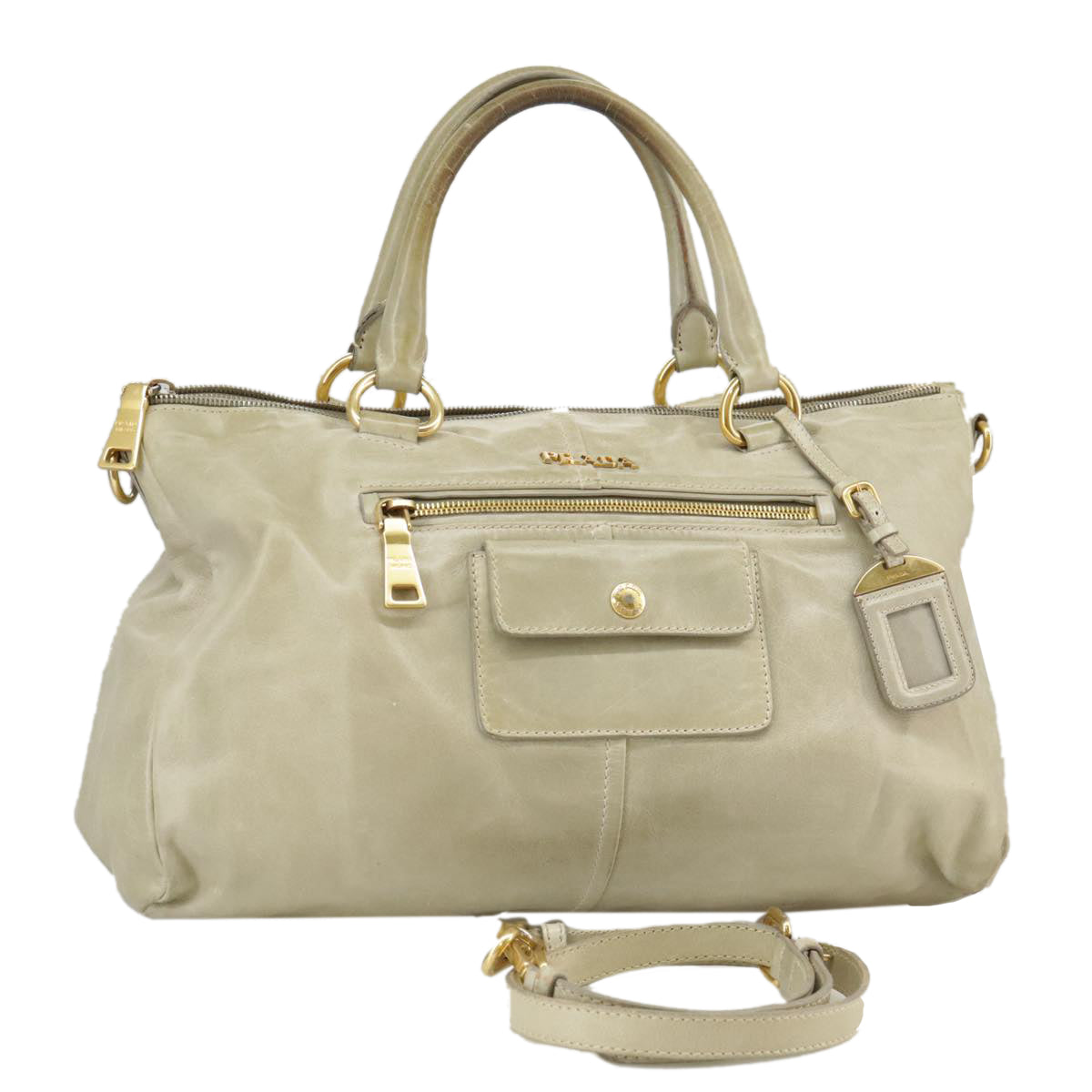 PRADA Hand Bag Leather 2way Beige Auth ti2432