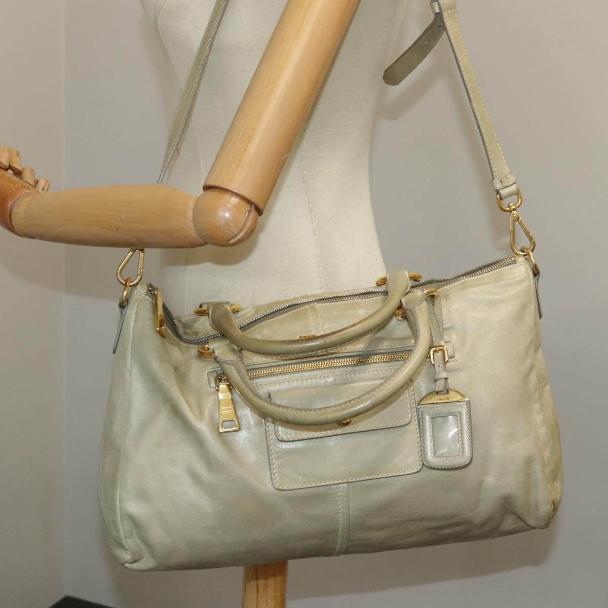 PRADA Hand Bag Leather 2way Beige Auth ti2432