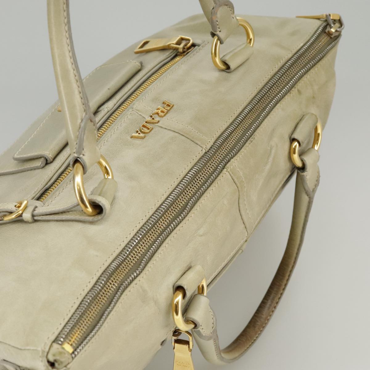 PRADA Hand Bag Leather 2way Beige Auth ti2432