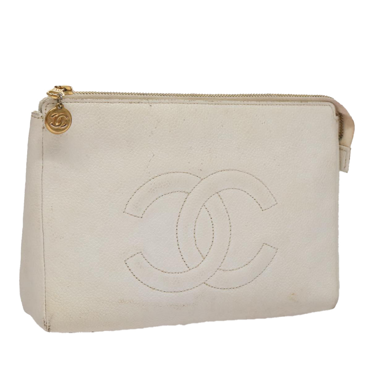 CHANEL Pouch Caviar Skin White Gold CC Auth ti2536