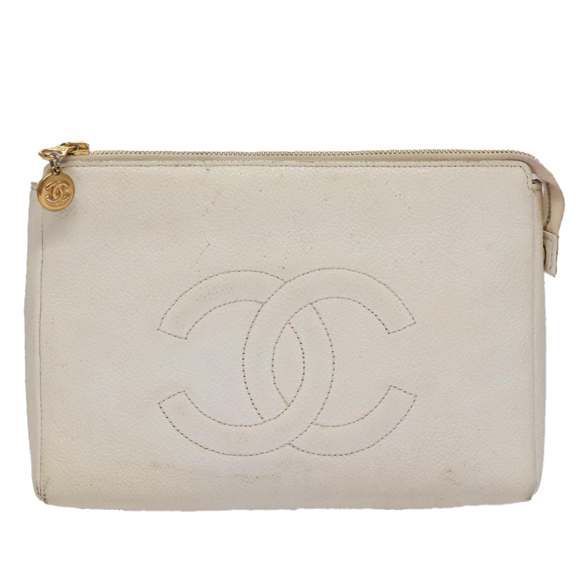 CHANEL Pouch Caviar Skin White Gold CC Auth ti2536