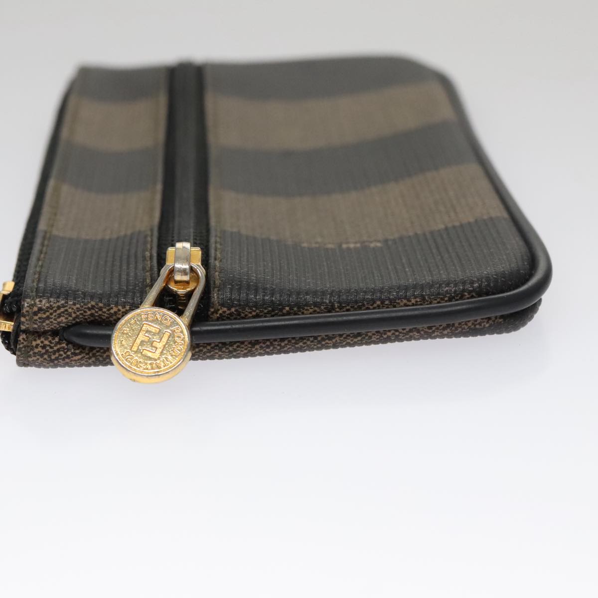 FENDI Pecan Canvas Pouch PVC Black Brown Gold Auth ti2537