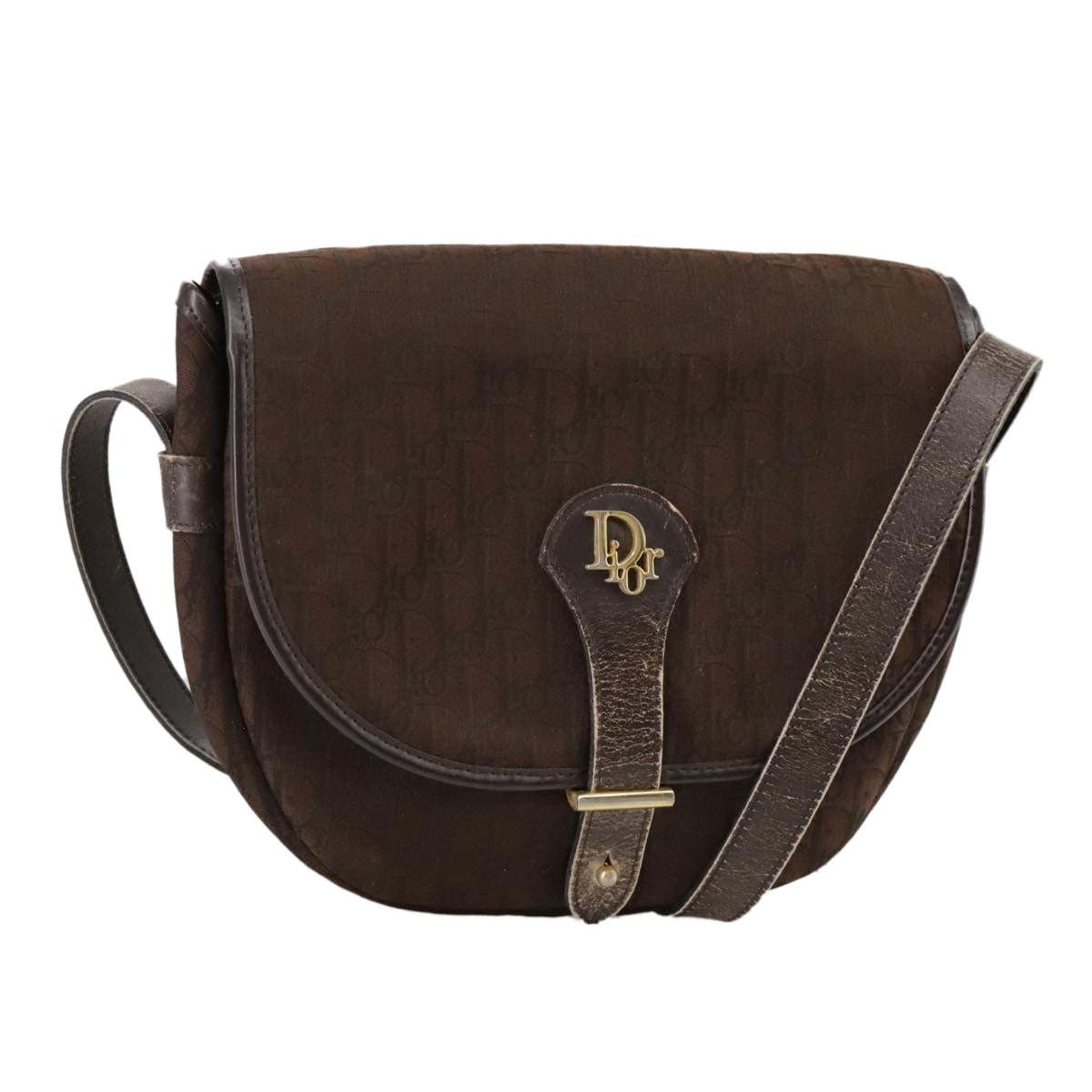 Christian Dior Trotter Canvas Shoulder Bag Brown Gold Auth ti2539