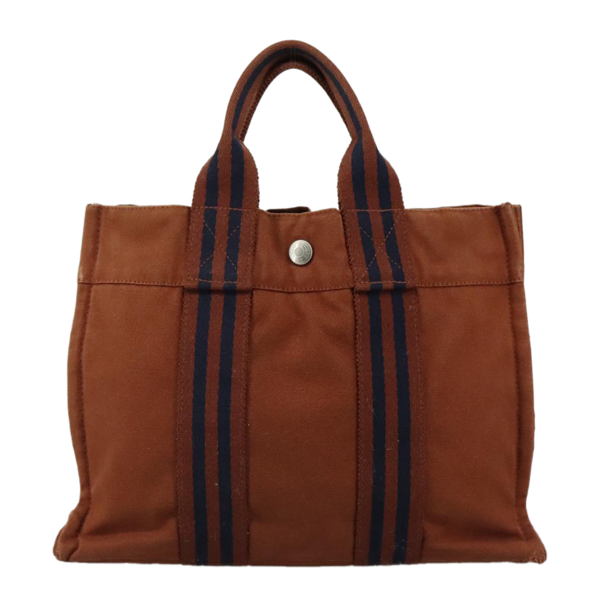 HERMES Tote Bag Canvas Brown Silver Auth ti2564