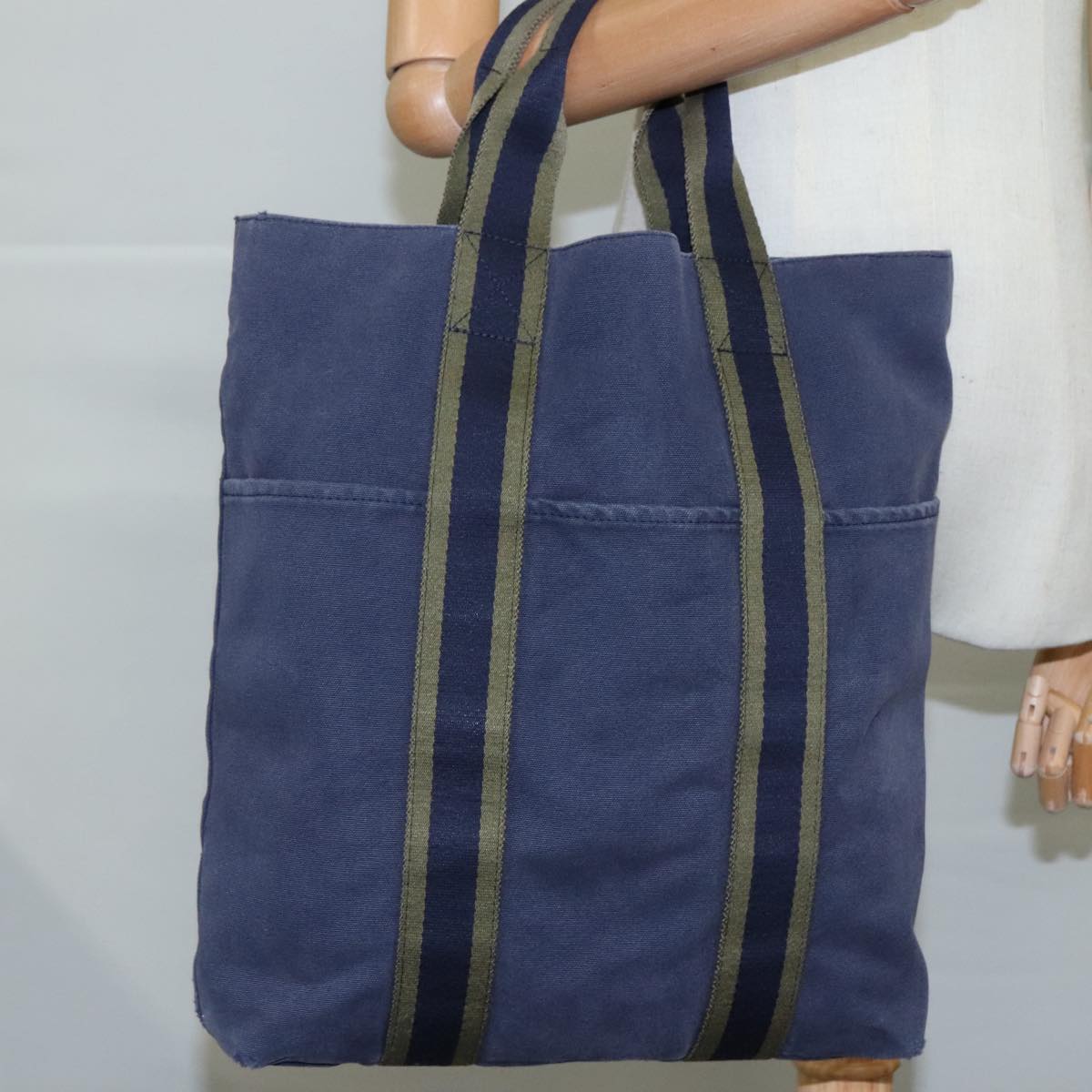 HERMES Fourre Tout Cabas Tote Bag Canvas Navy Khaki Auth ti2566