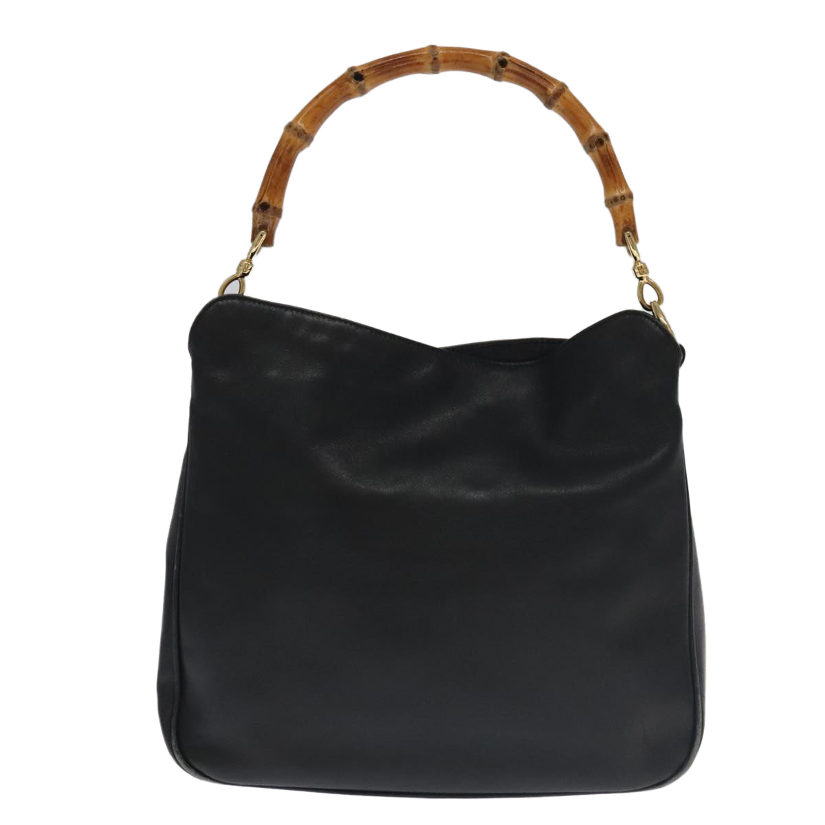 GUCCI Bamboo Hand Bag Leather 2way Black Gold 001 3754 1638 Auth ti2587