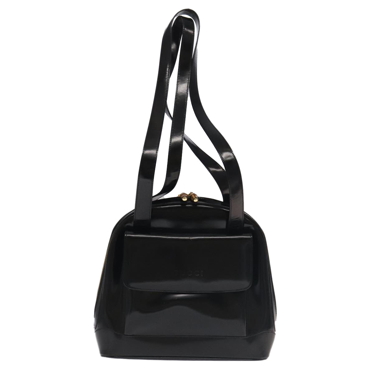 GUCCI Bamboo Shoulder Bag Enamel Black Gold 001 1075 1650 0 Auth ti2593