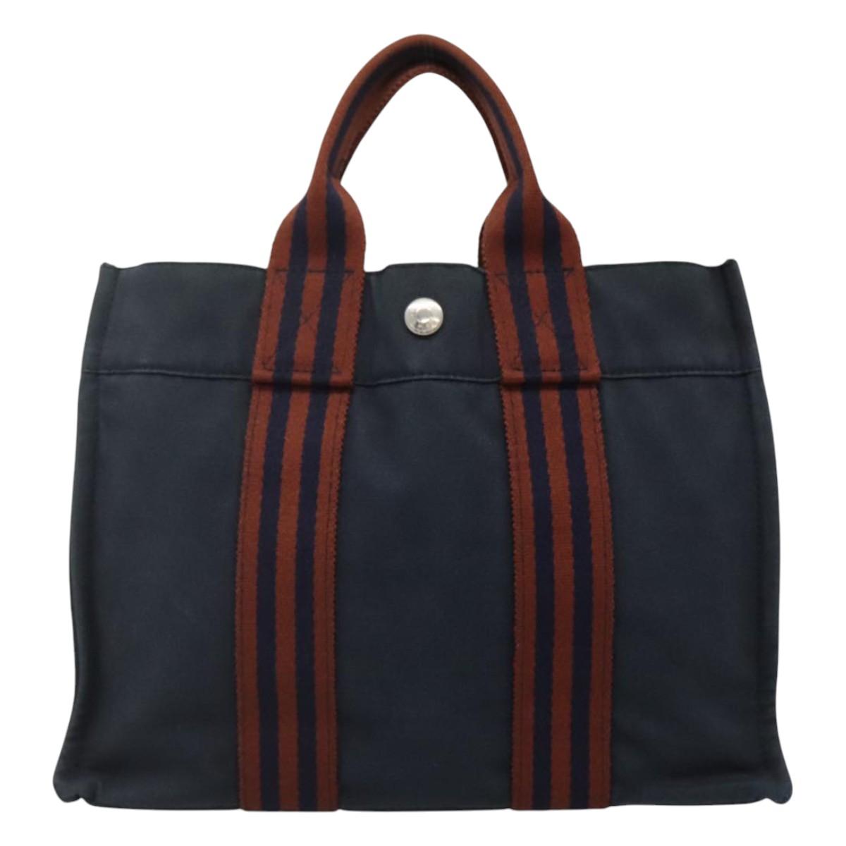 HERMES Fourre Tout PM Hand Bag Canvas Navy Brown Auth ti2734