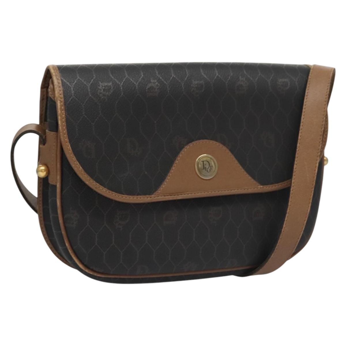 Christian Dior Honeycomb Canvas Shoulder Bag PVC Leather Black Auth ti2736