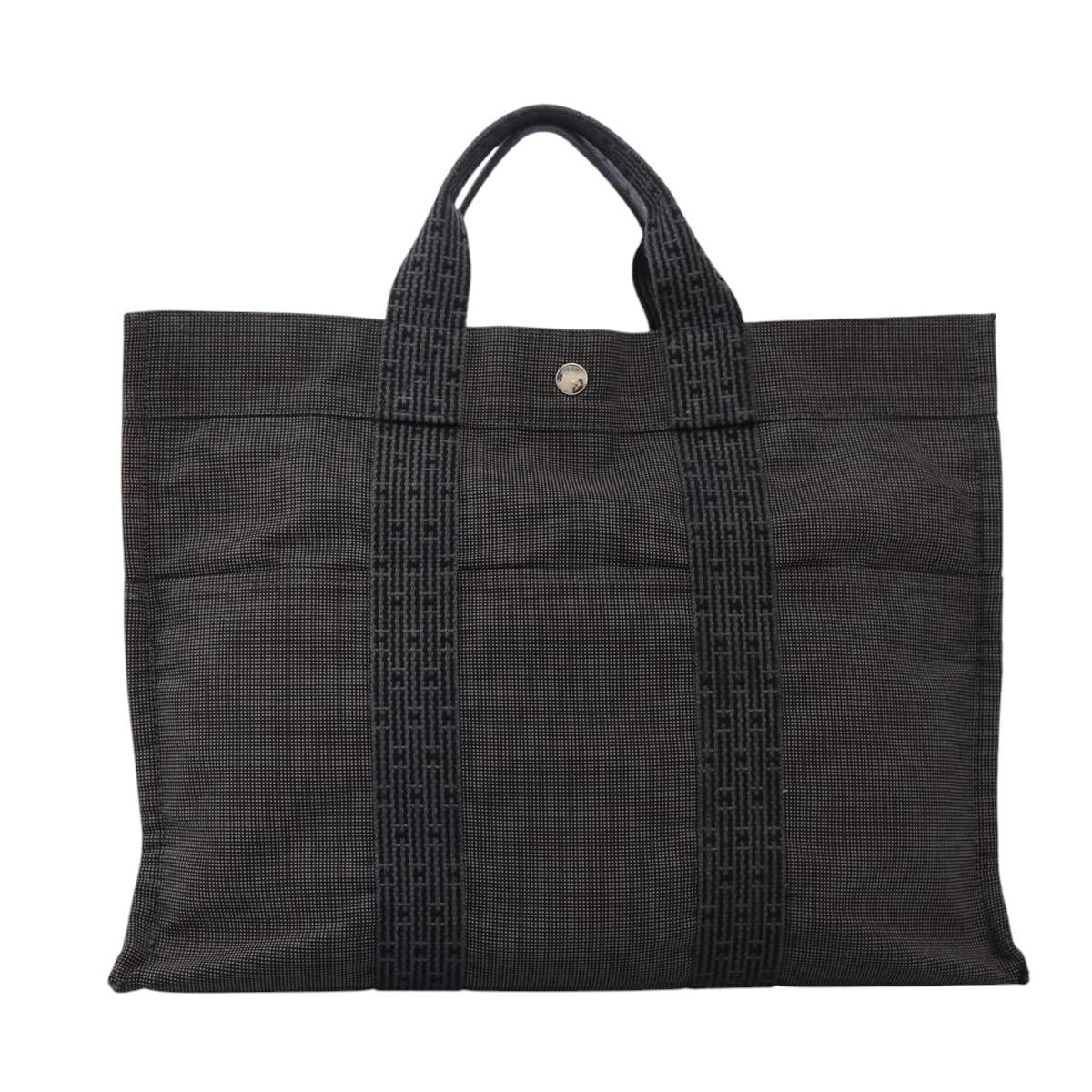 HERMES Her Line MM Hand Bag Canvas Gray Silver Auth ti2761