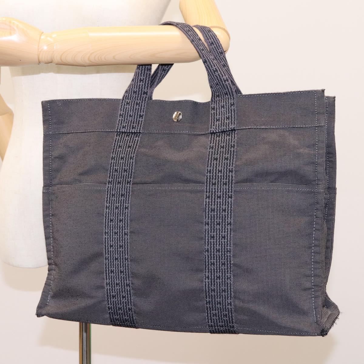 HERMES Her Line MM Hand Bag Canvas Gray Silver Auth ti2761