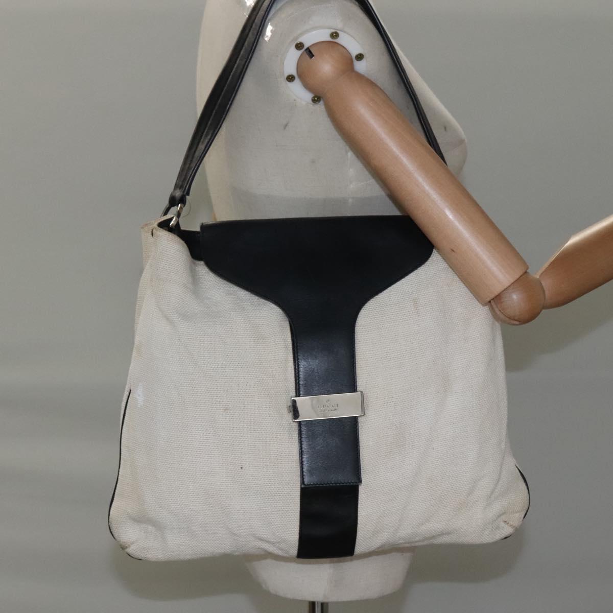 GUCCI Shoulder Bag Canvas Leather White Black Auth ti2765