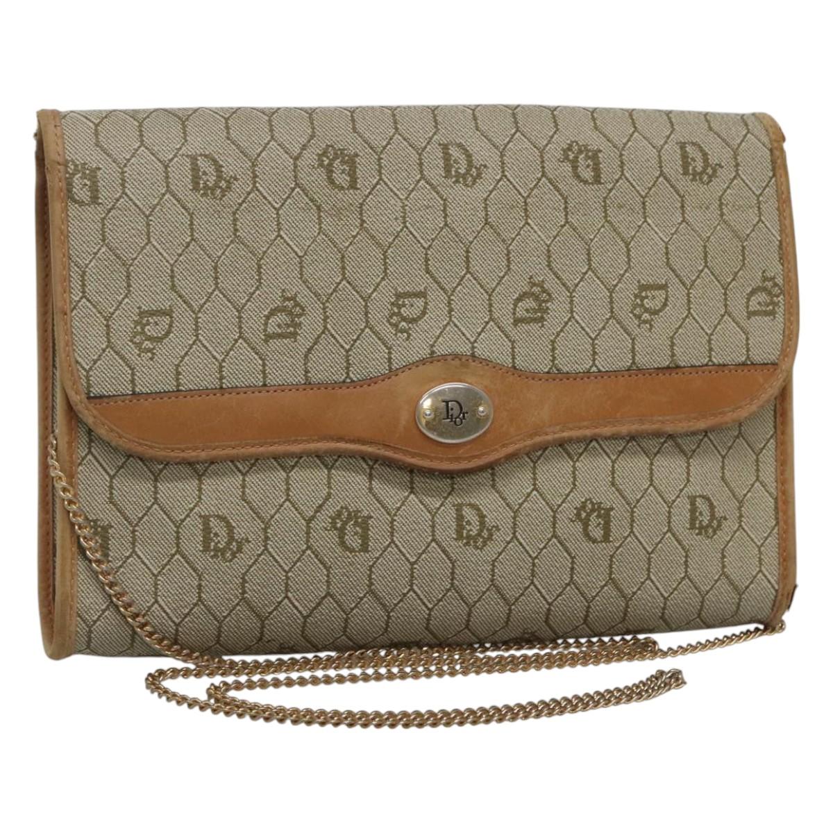 Christian Dior Honeycomb Canvas Chain Shoulder Bag PVC Leather Beige Auth ti2898