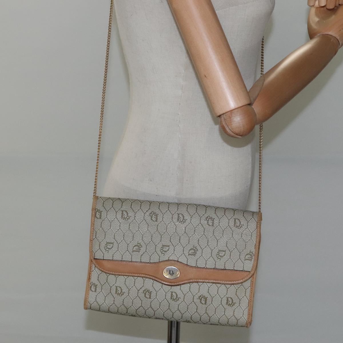 Christian Dior Honeycomb Canvas Chain Shoulder Bag PVC Leather Beige Auth ti2898