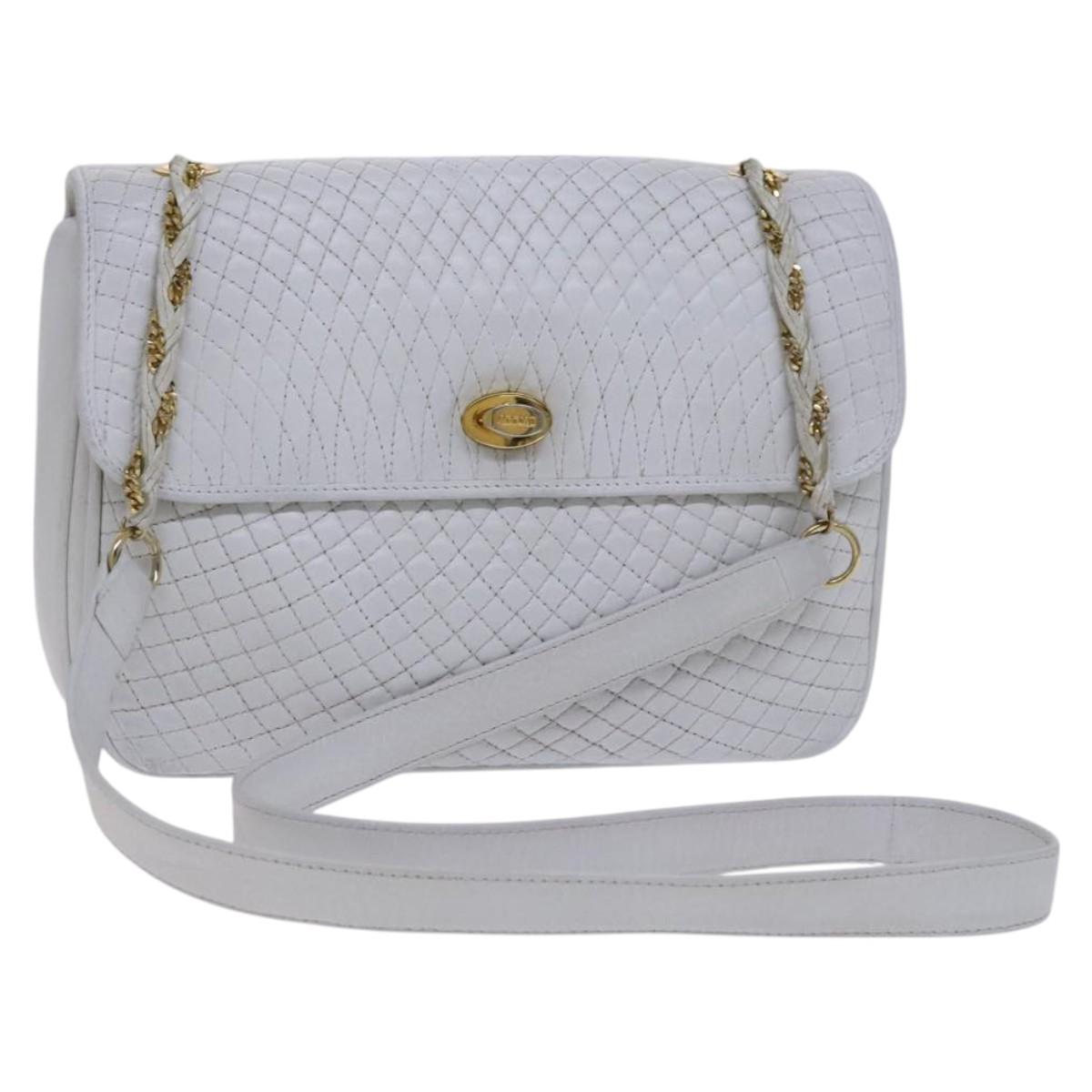 BALLY Chain Shoulder Bag Leather White Gold Auth ti2933