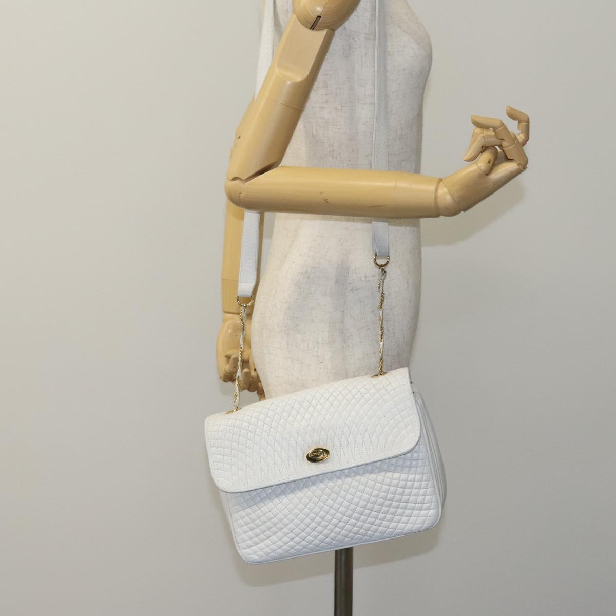 BALLY Chain Shoulder Bag Leather White Gold Auth ti2933