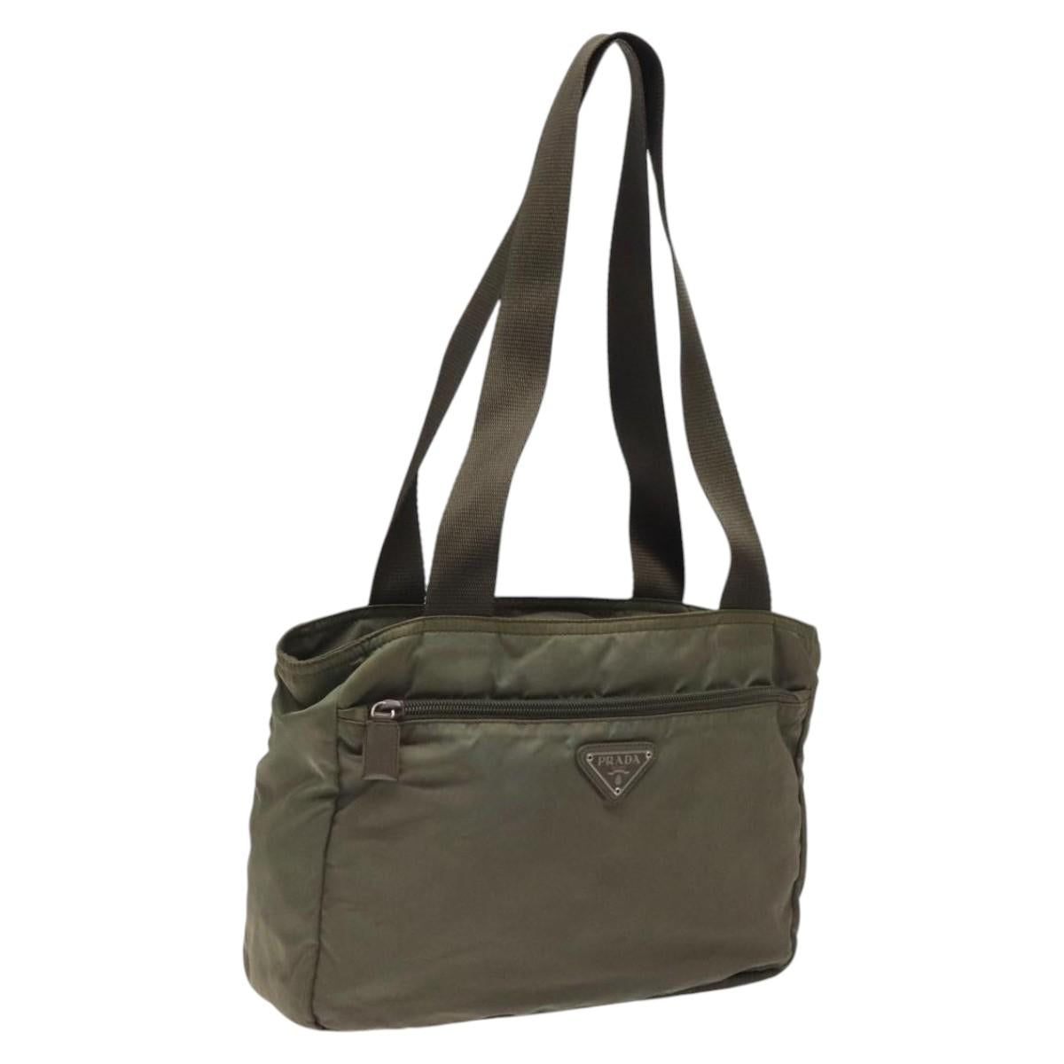 PRADA Tote Bag Nylon Khaki Silver Auth ti3008