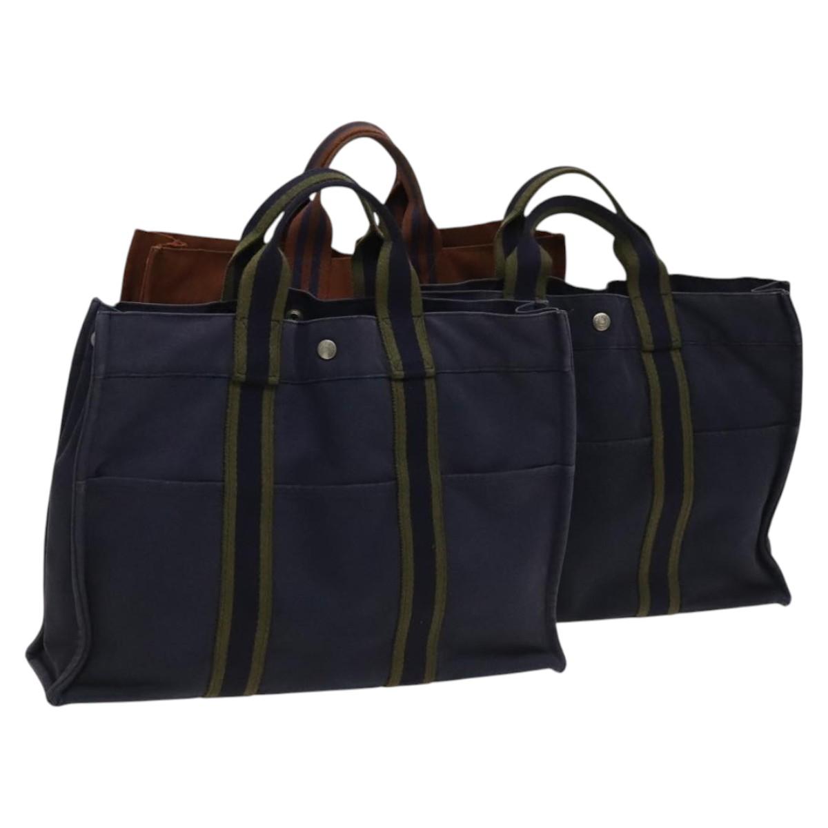 HERMES Fourre Tout MM Hand Bag Canvas 3Set Navy Brown Auth ti3025