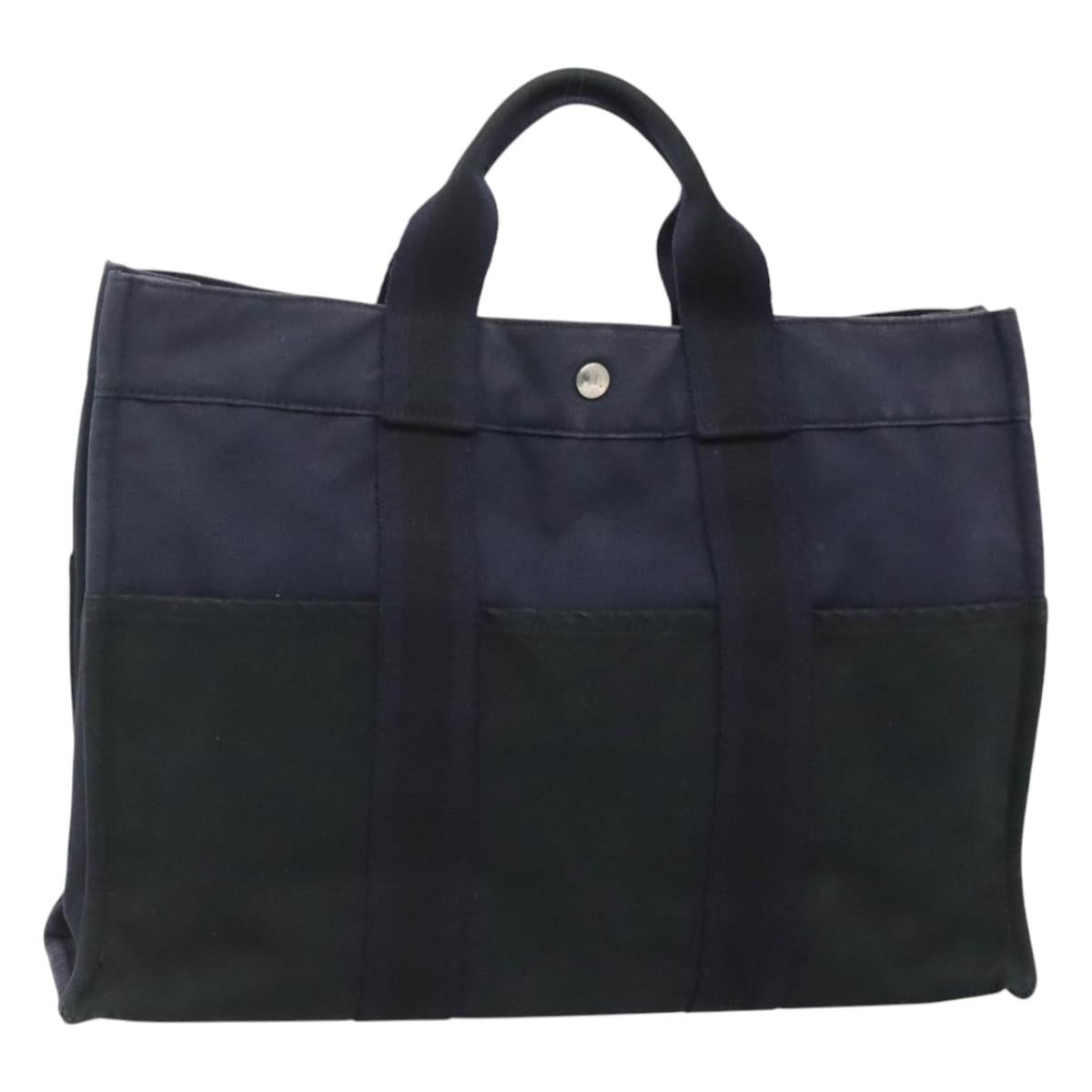 HERMES Fourre Tout MM Hand Bag Canvas Navy Black Silver Auth ti3035
