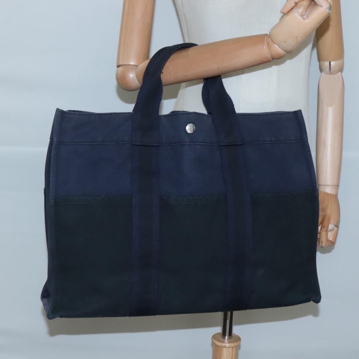 HERMES Fourre Tout MM Hand Bag Canvas Navy Black Silver Auth ti3035
