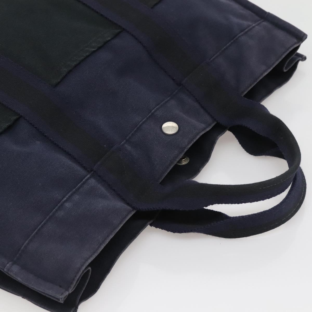 HERMES Fourre Tout MM Hand Bag Canvas Navy Black Silver Auth ti3035