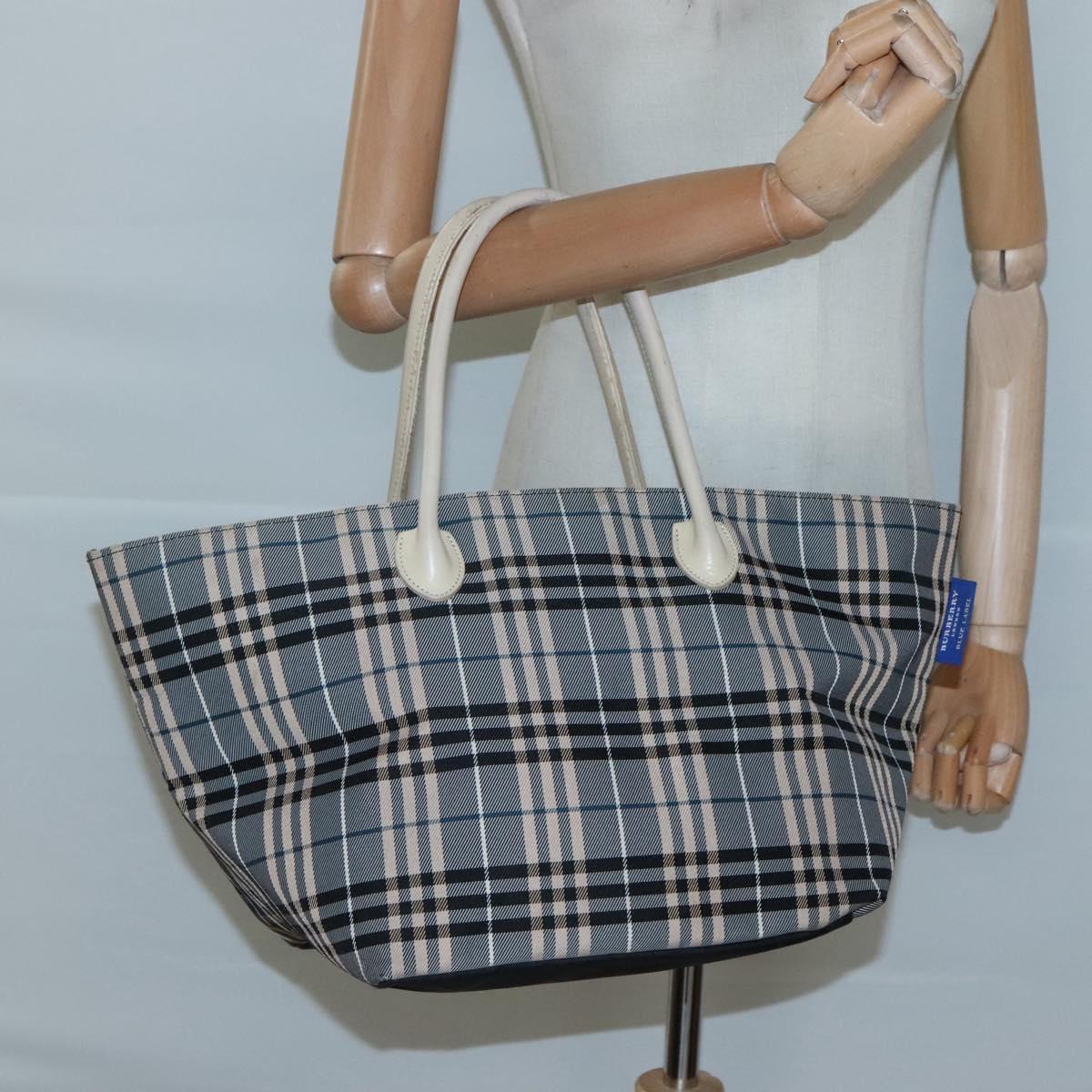 BURBERRY Nova Check Blue Label Hand Bag Nylon Gray Silver Auth ti3042