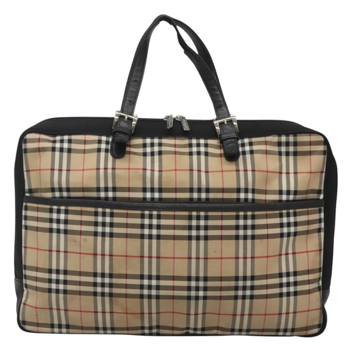 Burberrys Nova Check Blue Label Hand Bag Nylon Beige Silver Auth ti3086