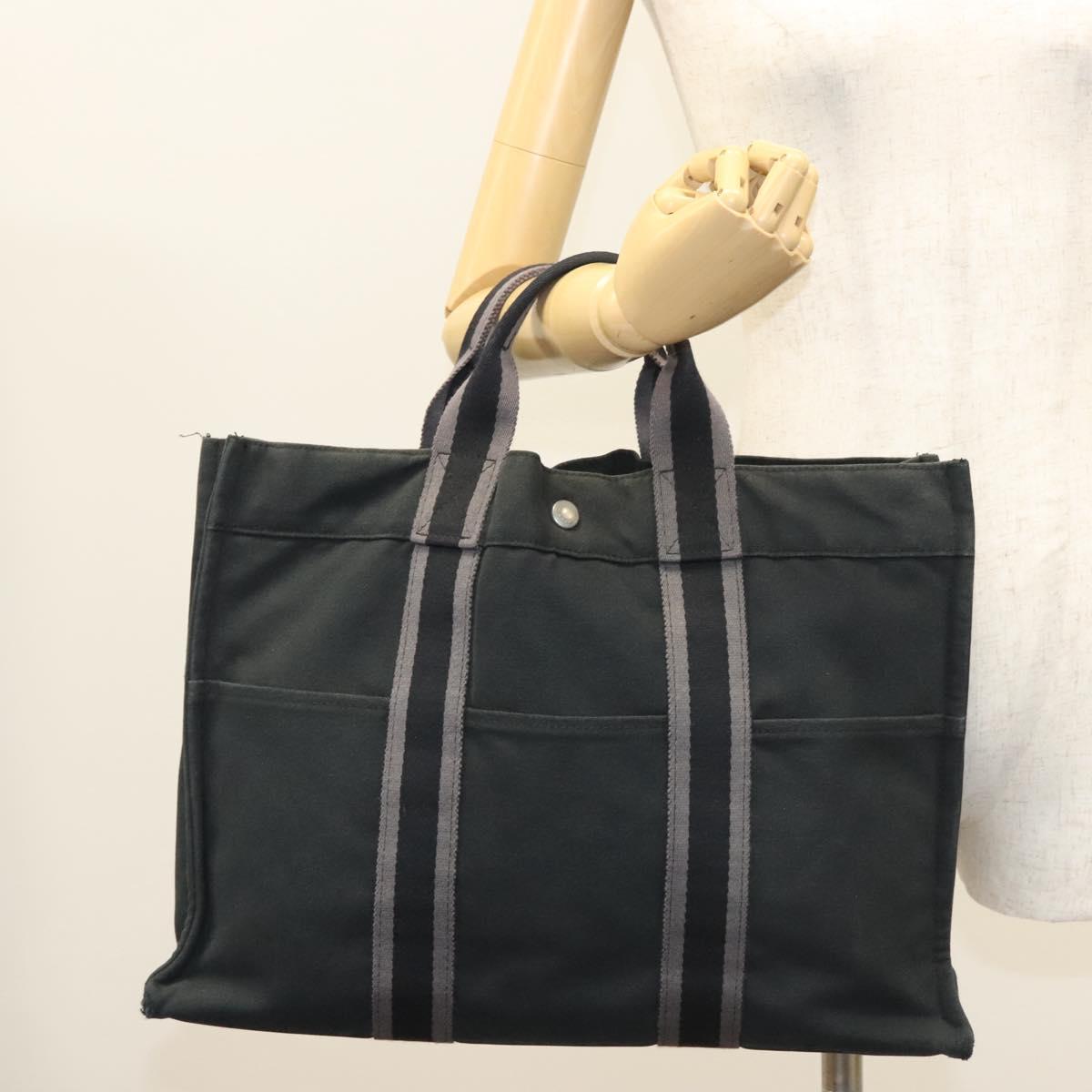 HERMES Fourre Tout MM Hand Bag Canvas Black Silver Auth ti3098