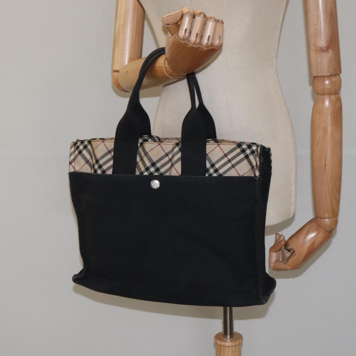 BURBERRY Nova Check Blue Label Tote Bag Canvas Nylon Black Silver Auth ti3101