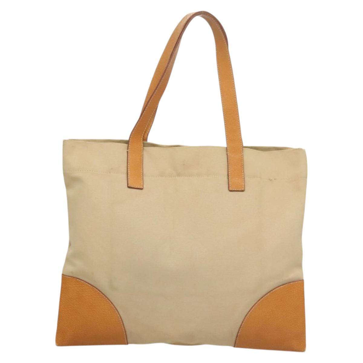 PRADA Tote Bag Canvas Leather Beige Silver Auth ti3142