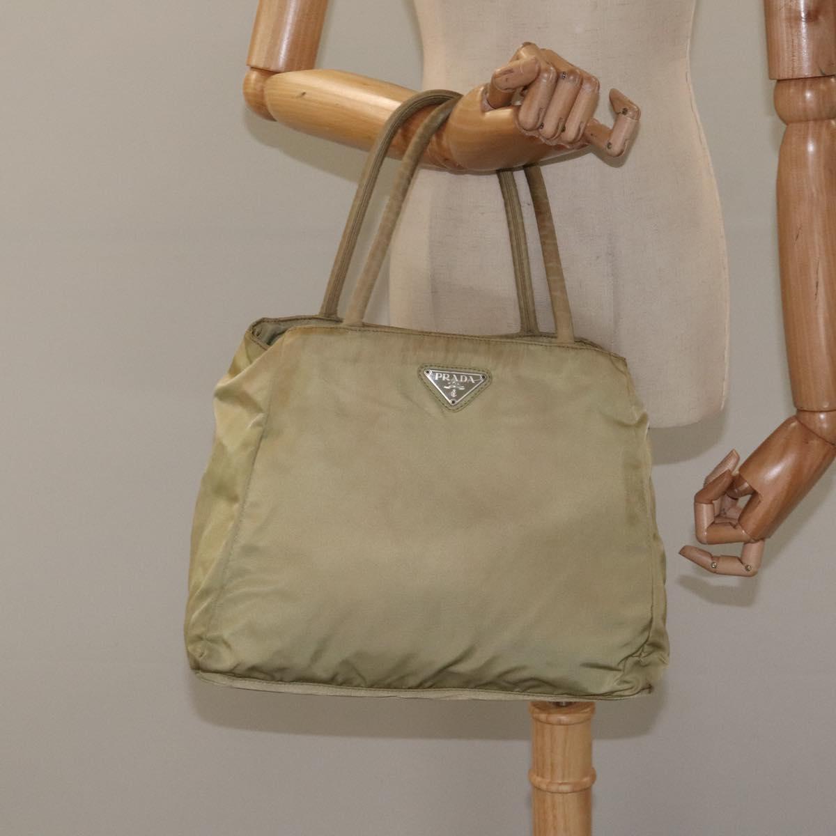 PRADA Hand Bag Nylon Leather Beige Silver Auth ti3143
