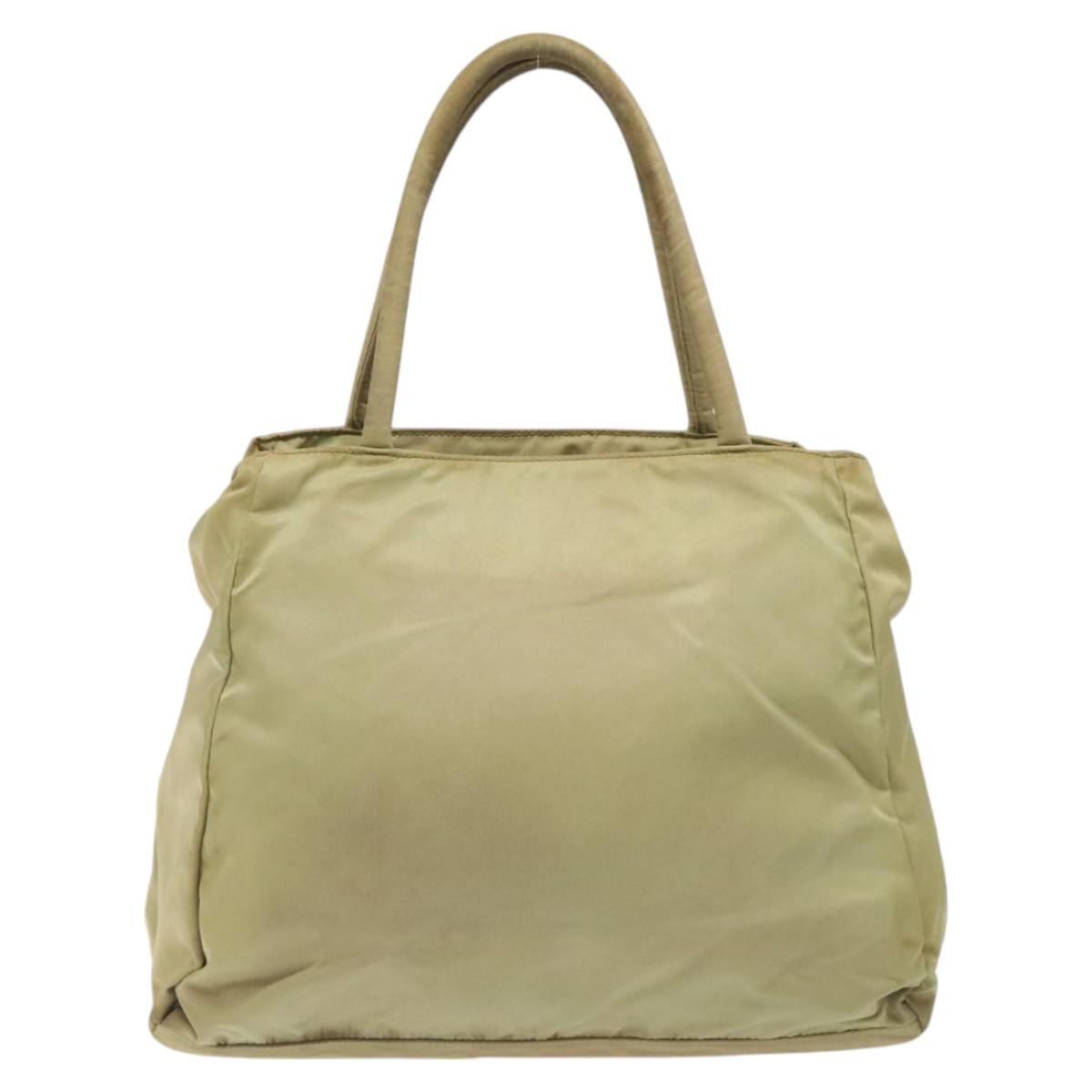 PRADA Hand Bag Nylon Leather Beige Silver Auth ti3143