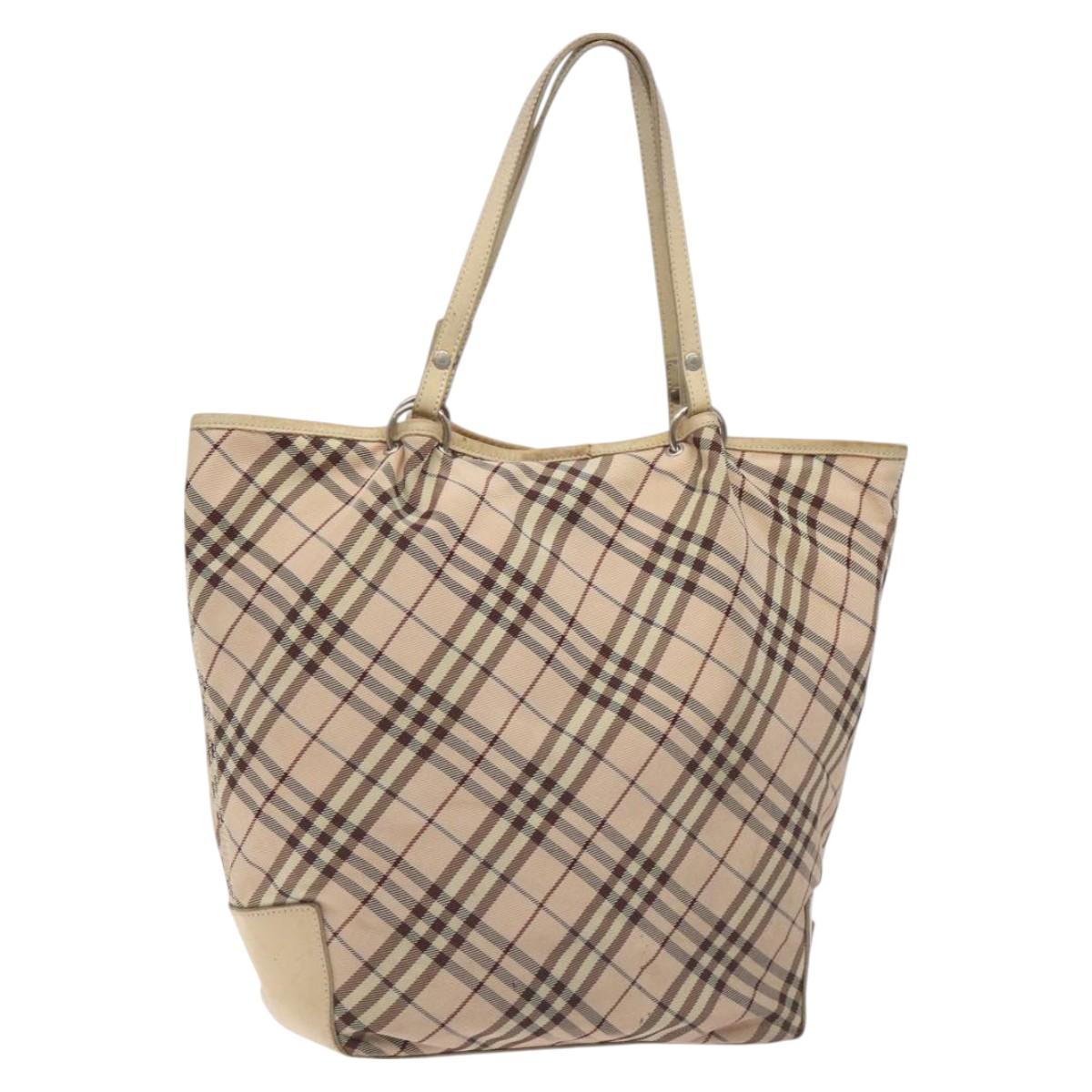 BURBERRY Nova Check Blue Label Tote Bag Nylon Beige Silver Auth ti3252