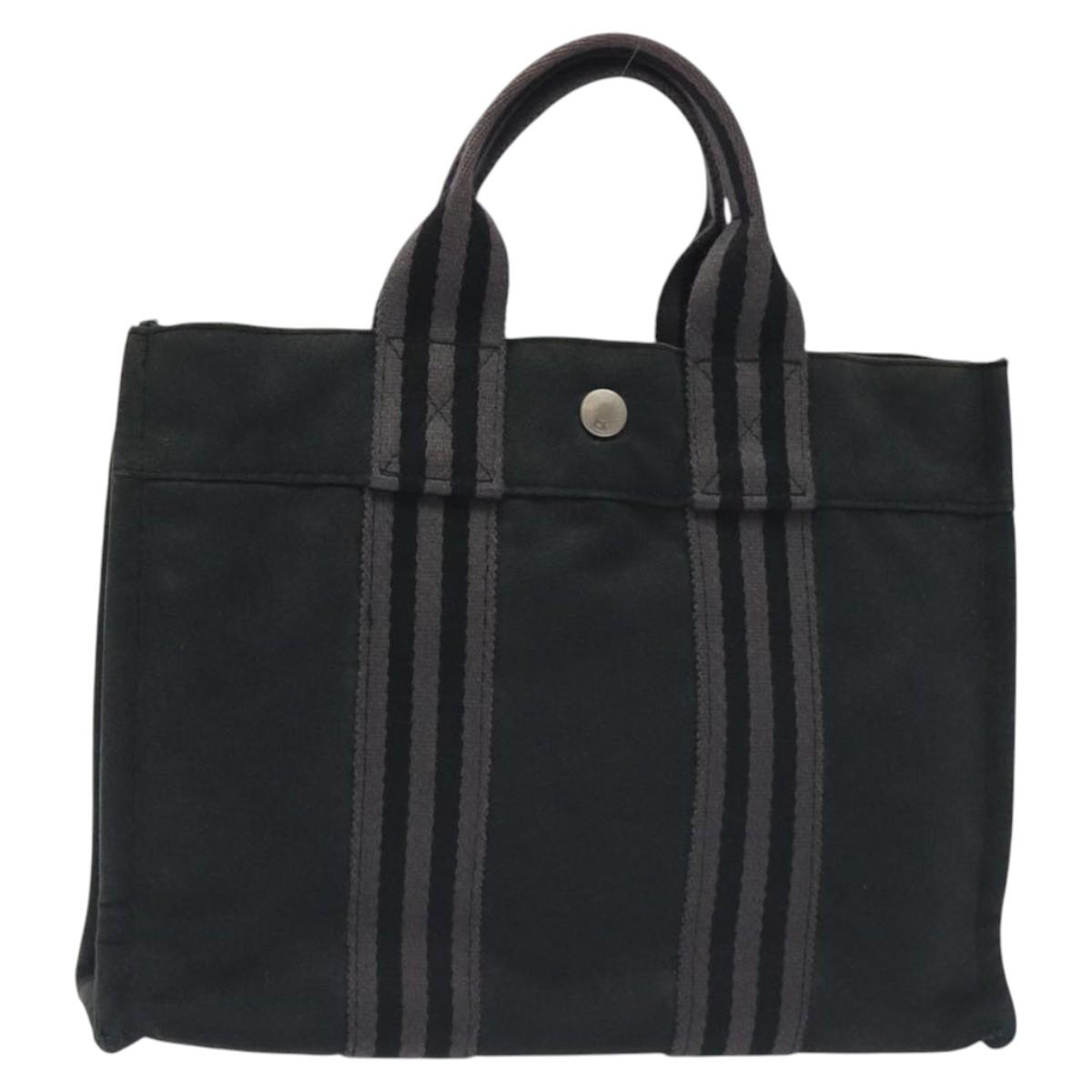 HERMES Fourre Tout PM Hand Bag Canvas Black Gray Silver Auth ti3266
