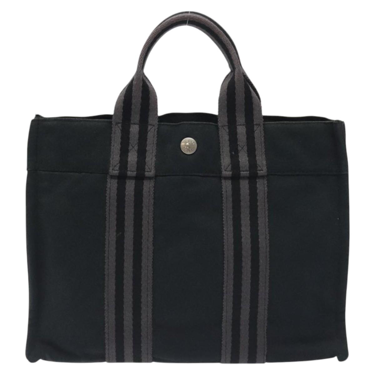 HERMES Fourre Tout PM Hand Bag Canvas Black Gray Silver Auth ti3266