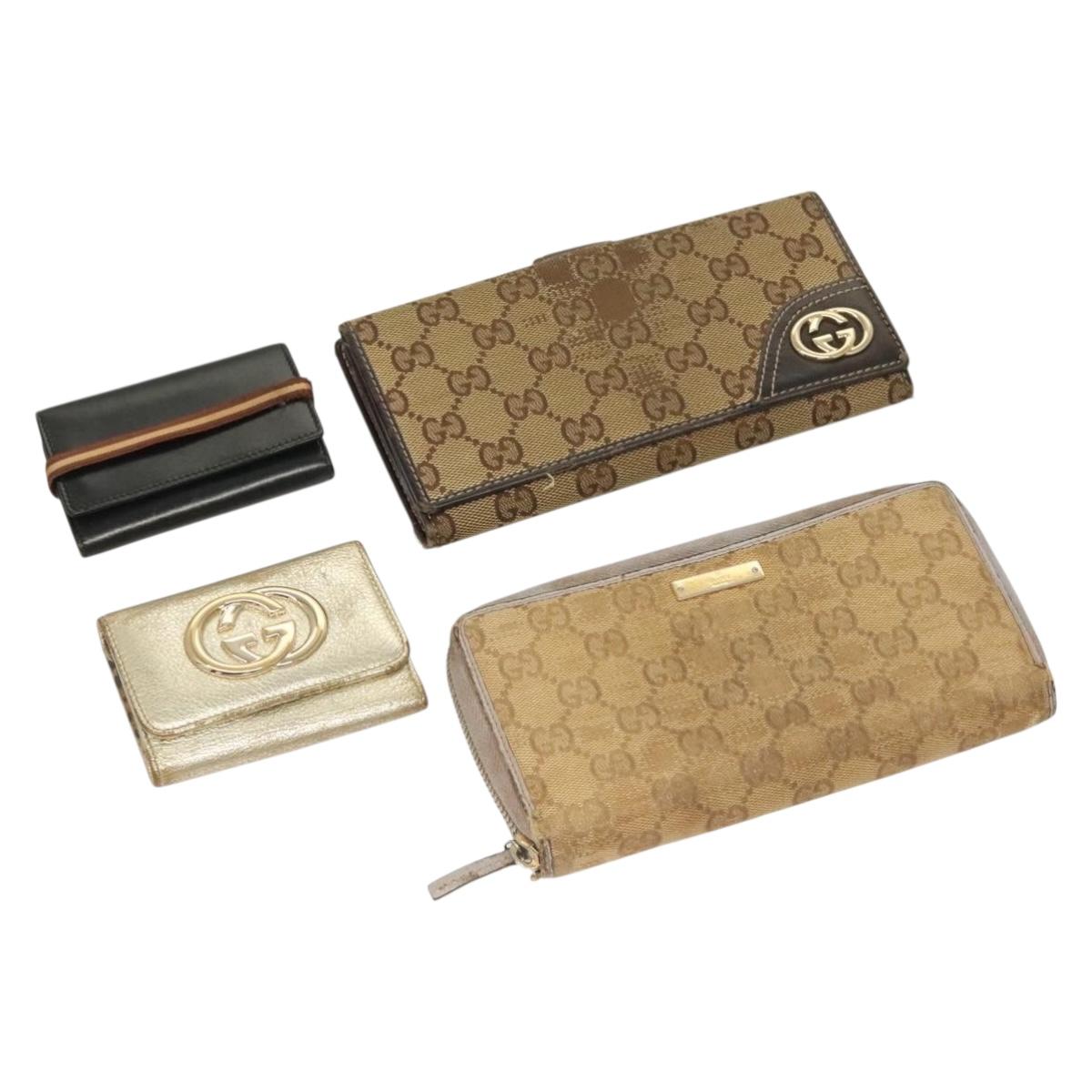 GUCCI GG Canvas Wallet Leather 4Set Black Beige gold Auth ti3271