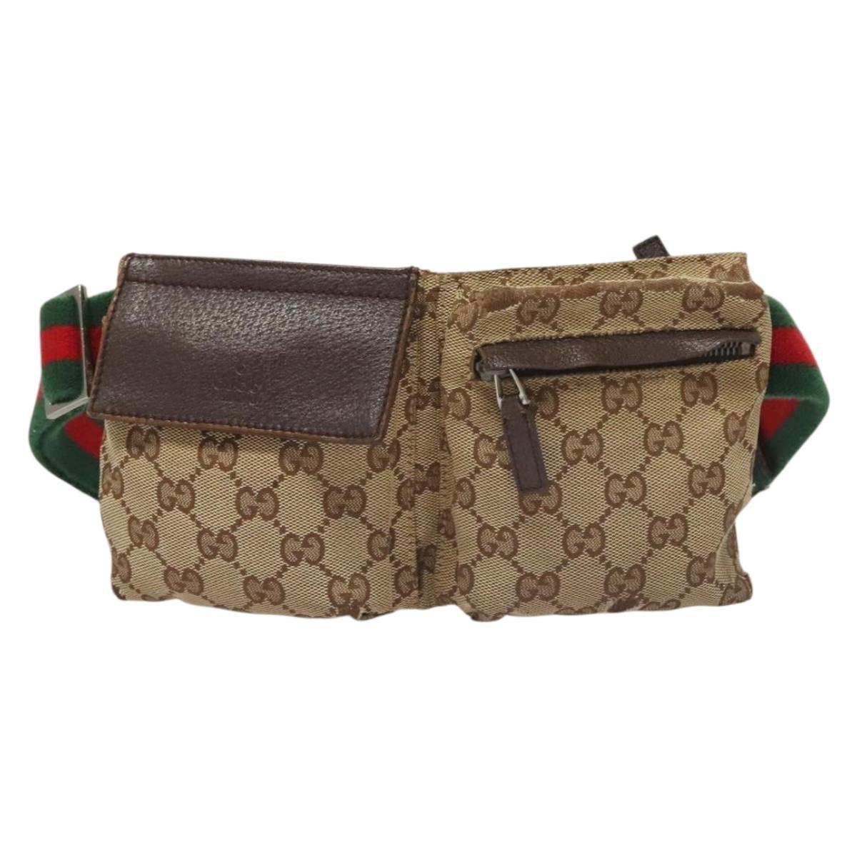 GUCCI GG Canvas Web Sherry Line Waist Bag Beige Silver 162962 Auth ti3276