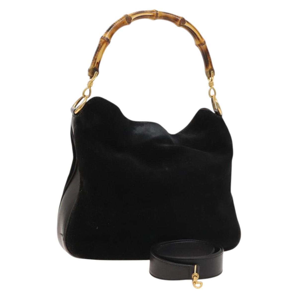 GUCCI Bamboo Shoulder Bag Suede 2way Black Gold 001 2404 16380 Auth ti3280