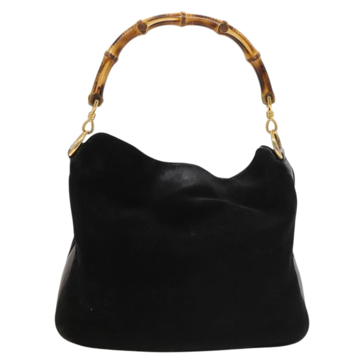 GUCCI Bamboo Shoulder Bag Suede 2way Black Gold 001 2404 16380 Auth ti3280