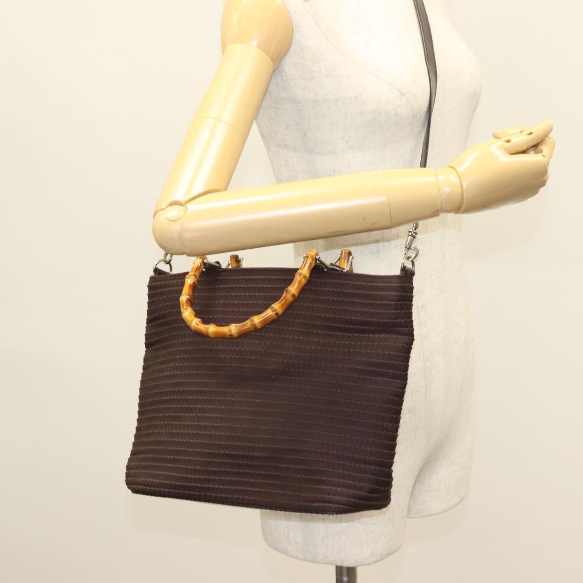 GUCCI Bamboo Hand Bag Nylon 2way Brown Silver 000 1998 0540 Auth ti3282