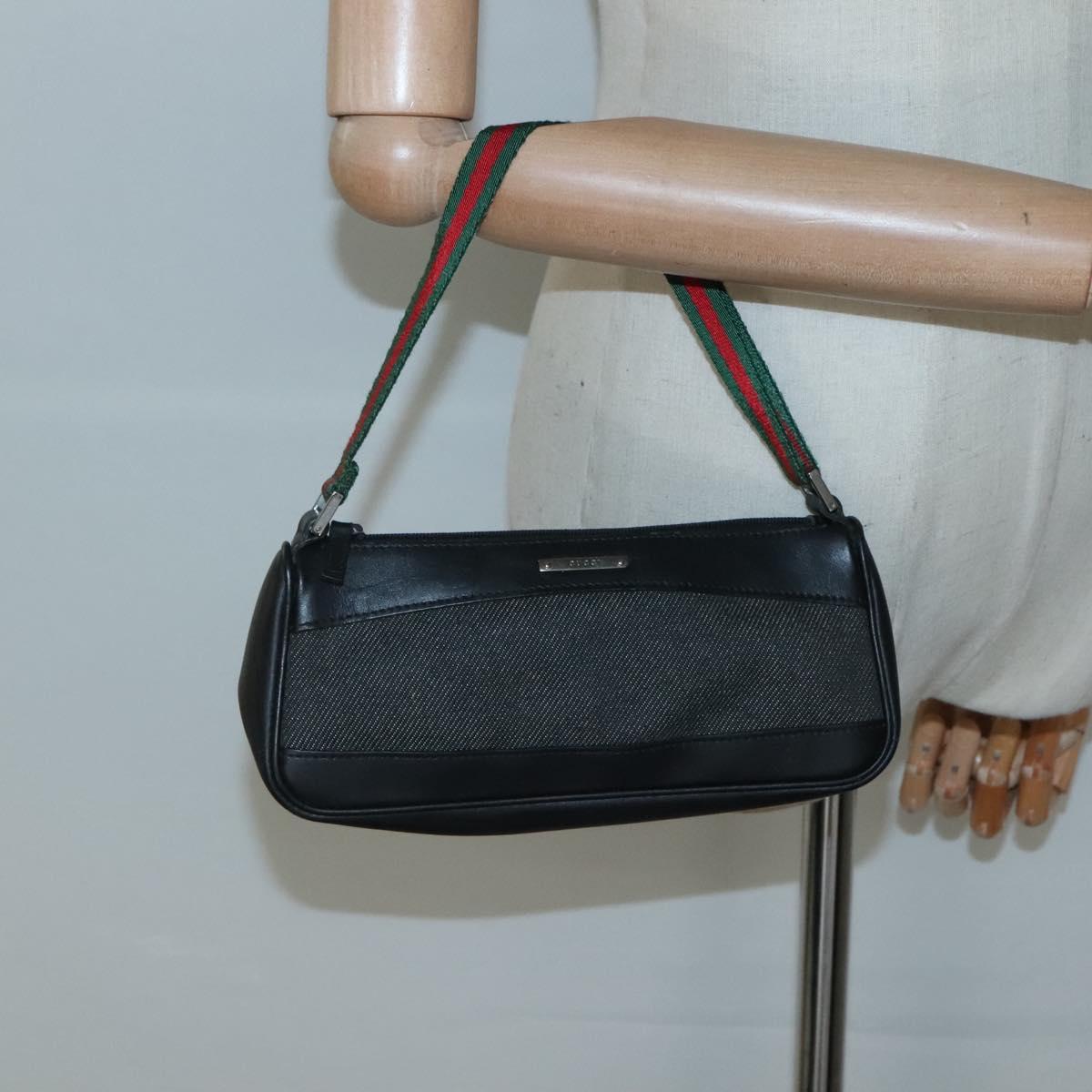 GUCCI Web Sherry Line Accessory Pouch Canvas Black Silver 92820 Auth ti3292