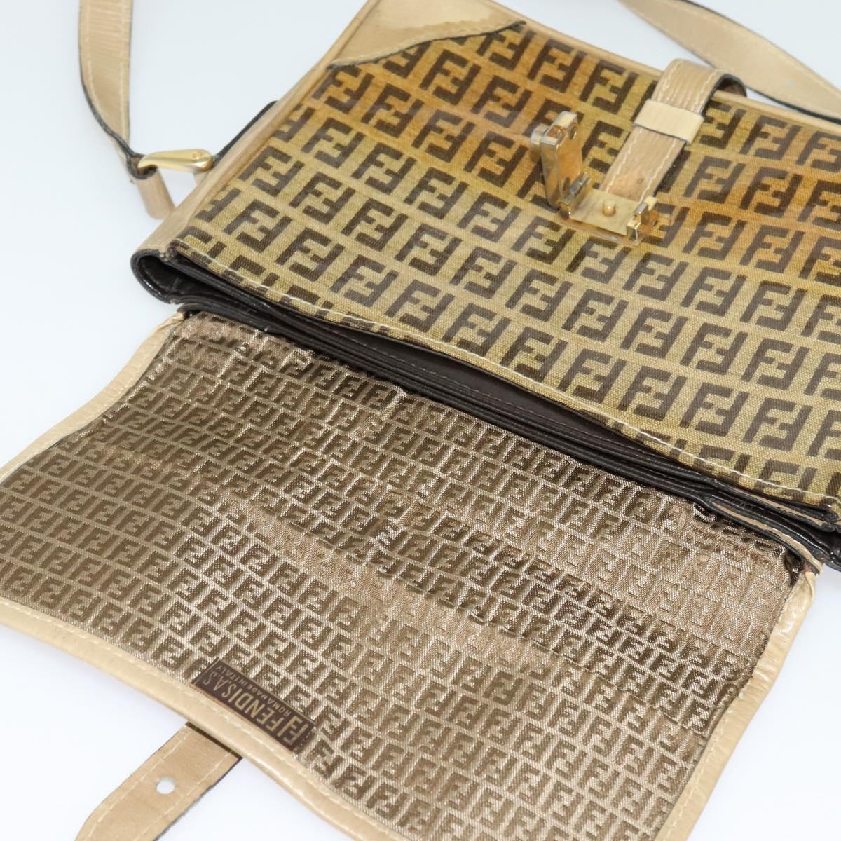 FENDI Zucchino Canvas Shoulder Bag Coated Canvas Beige Gold Auth ti3296