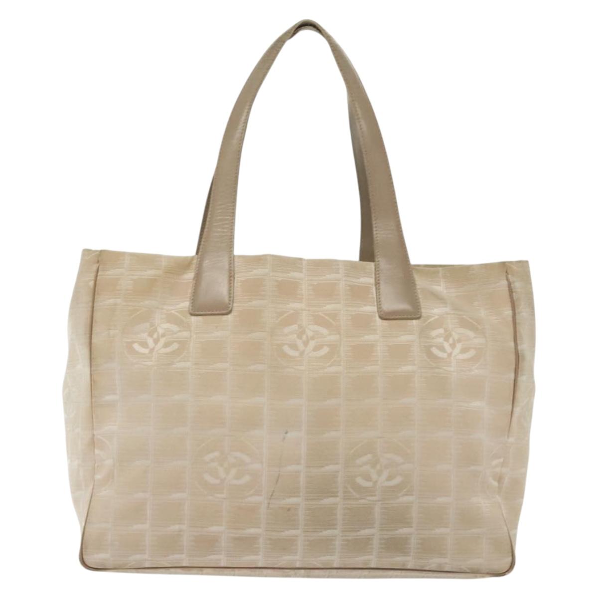 CHANEL New Travel Line Tote Bag Nylon Beige Gold CC Auth ti3357