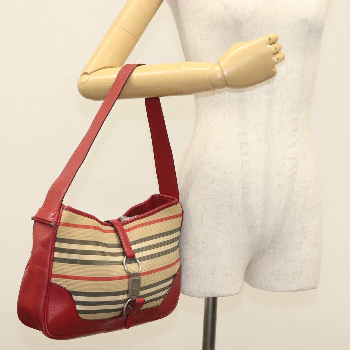 BURBERRY Blue Label Shoulder Bag Canvas Leather Beige Red Auth ti3362