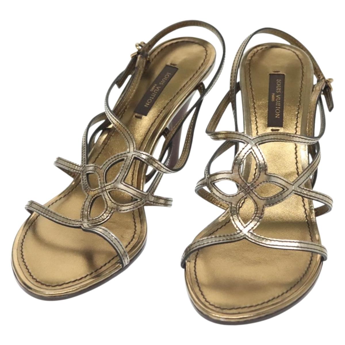 LOUIS VUITTON Mule High Heels Leather 36 1/2 Gold LV Auth ti3381